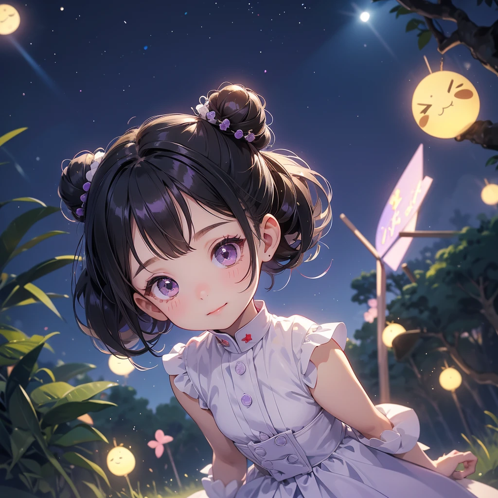 A chibi child girl had a small face and wearing a little tourist priest’s outfit, a pair of big round eyes shone with curiosity about him. This child was so cute, her hair is black with buns on her hair. Small chibi , chibi baby, smiling , chibi.
Background is a dark moonless night, with dry trees in the background, and purple glowing light