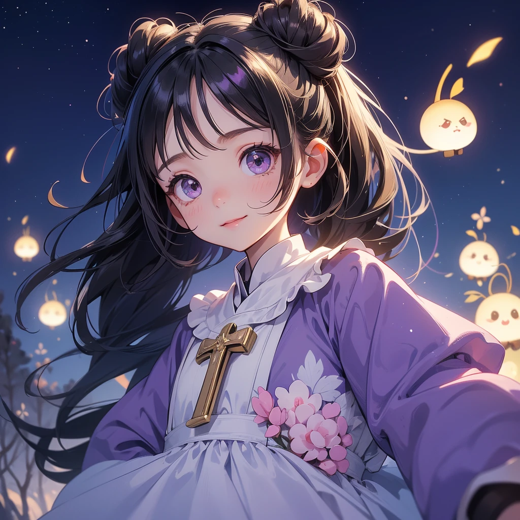 A chibi child girl had a small face and wearing a little tourist priest’s outfit, a pair of big round eyes shone with curiosity about him. This child was so cute, her hair is black with buns on her hair. Small chibi , chibi baby, smiling , chibi. 

Background is a dark moonless night, with dry trees in the background, and purple glowing light