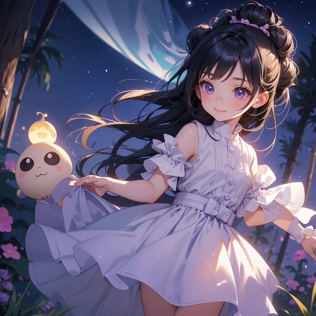 A chibi child girl had a small face and wearing a little tourist priest’s outfit, a pair of big round eyes shone with curiosity about him. This child was so cute, her hair is black with buns on her hair. Small chibi , chibi baby, smiling , chibi.
Background is a dark moonless night, with dry trees in the background, and purple glowing light