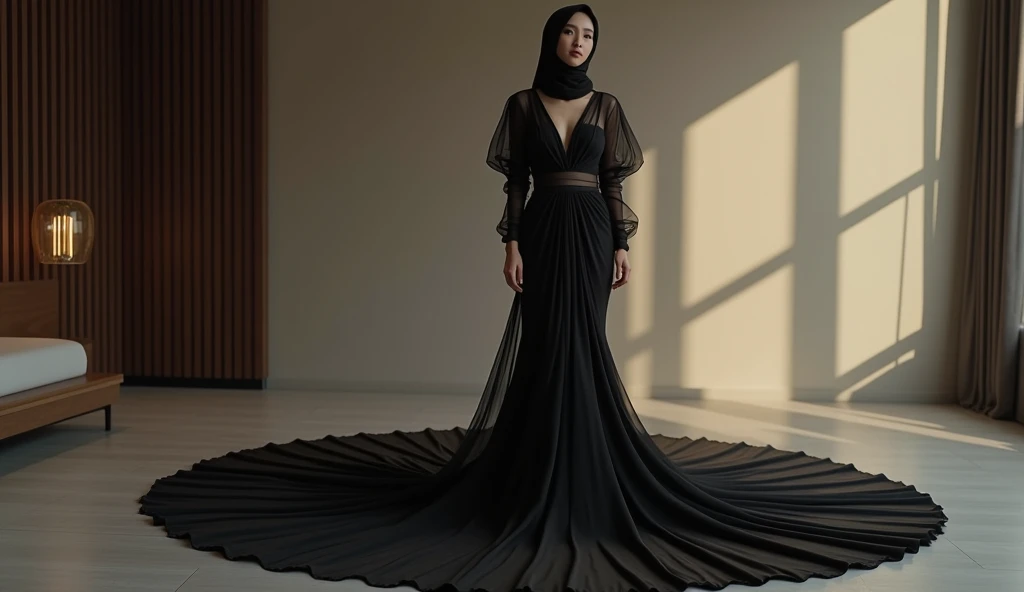 Asian woman wrapped in a transparent black cloth mimicking a mermaid gown with a striking large train, the cloth clings tightly to her figure, incorporates a hijab, standing with poise, see through whole body,half naked, nipple on, dramatic lighting, volumetric textures, very long cloth, ultra realistic, golden ratio.