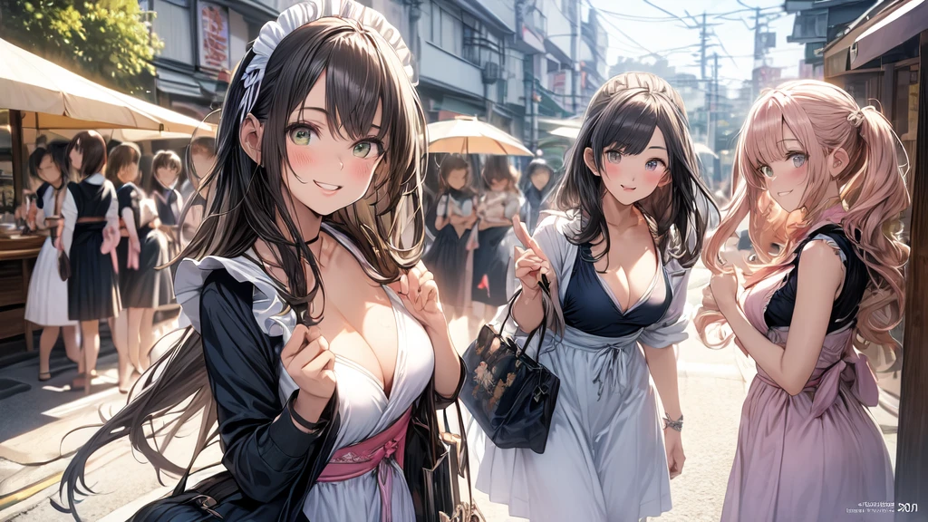 Masterpiece, super high quality anime style illustration, 8K, early Meiji period in Japan. Outdoors, daytime, in front of an old fashioned cafe, ((very beautiful 20 year old maids)), ((2 beautiful girls smiling)). Colorful eyes, pink lips, perfect makeup, flashy colorful outfit, maid cafe outfit in Akihabara, average breasts, a glimpse of cleavage, attractive proportions. Shot from the chest up.