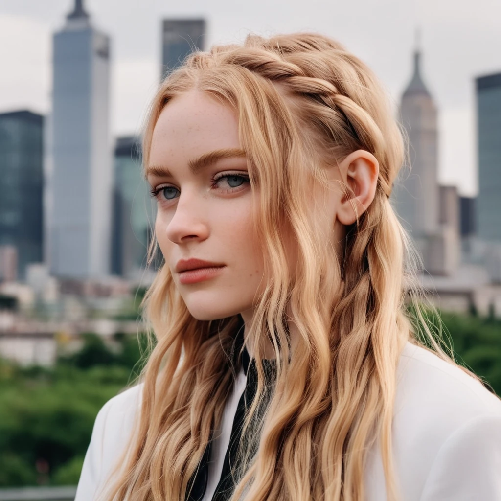 (Skin Texture, pores, natural,iPhone,RAW), natural lighting, Highest Quality (closeup) Portrait photo of a woman with long braided platinum blonde hair,  Nikon Z9, realistic matte skin,  blurry city in the background, 8K, ((looking straight at the camera)), saxsnk, looking at viewer