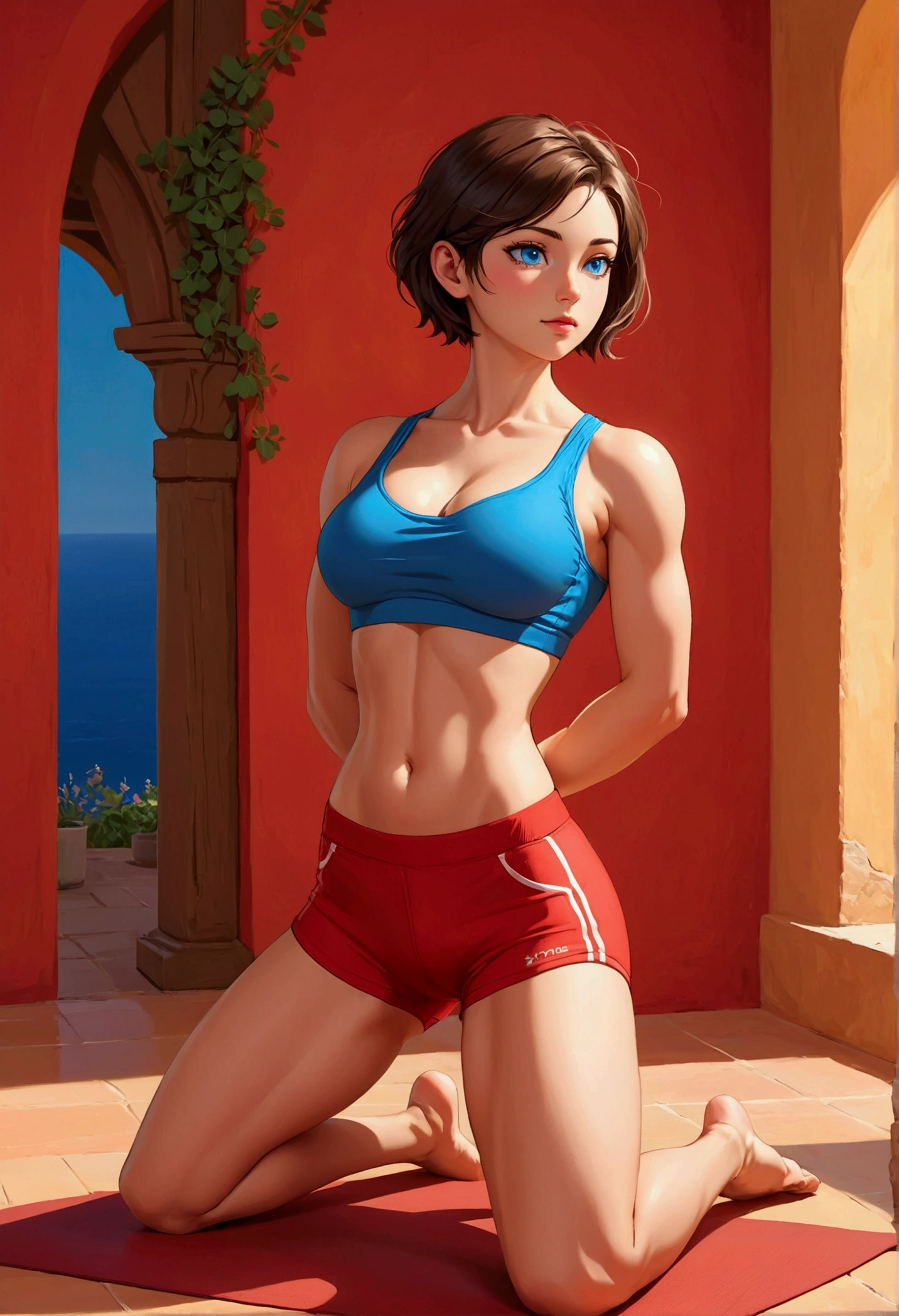 20 years old woman, Short brown hair, Mediterranean with blue eyes, Generous and heavy breasts, slender waist, definition of l&#39;estomac, fesses rebondies et pulpeuses, naturally curved, muscular thighs, aguicheuse , blue eye, yoga pose, red shorts and bra 