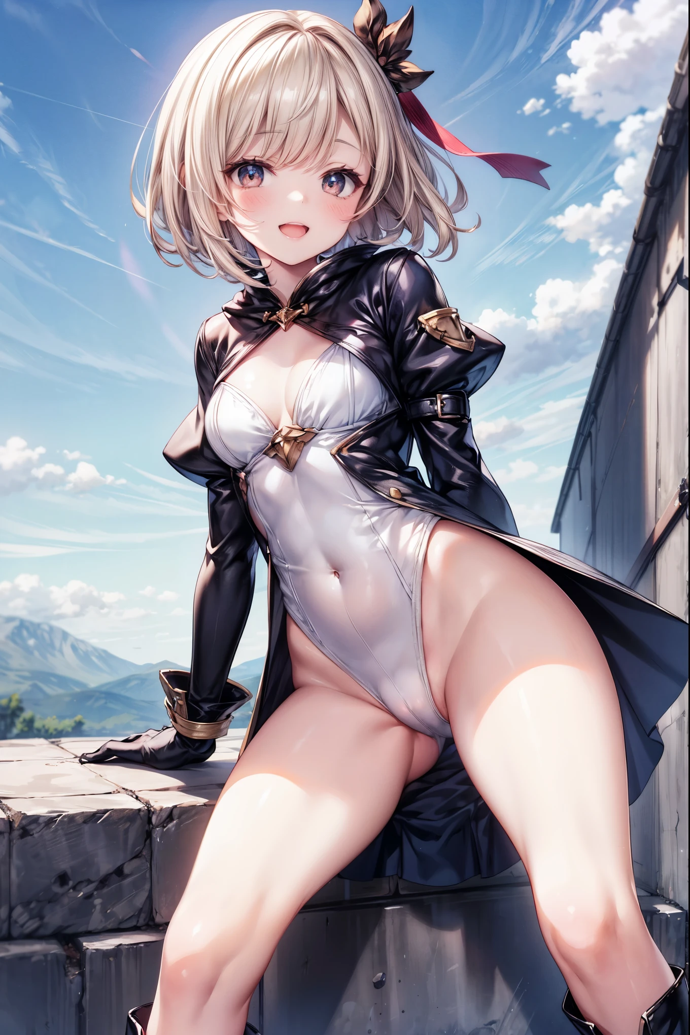 GRANBLUEfantasy,ung_teeirl,brown_hair,medium_bob_hair,platina_blond_hair,white_leotard,covered_crotch,thigh-highs,smile,standing,bluesky_landscape_background,slightly_spread_legs,happiness, short_gloves ,solo, r18, navel,relicbuster,short,boots,open_mouth,sitting,knees,blush,shy,piledriver,(crotch:1.3),solo,boots