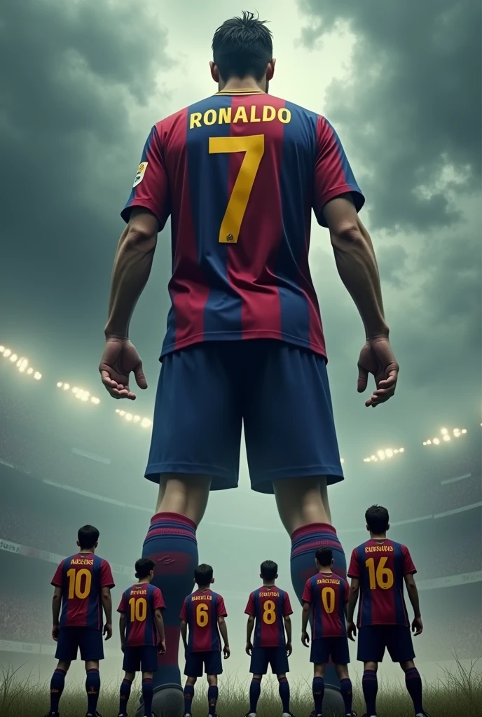 “Create a dramatic, uneven confrontation scene. On the left, depict the Barcelona team from the era when Ronaldo played for Real Madrid. Include key players with their jerseys clearly showing their numbers and names: Messi (#10), Xavi (#6), Iniesta (#8), Puyol (#5), and Busquets (#16). They stand together, appearing small and helpless. On the right, a colossal Ronaldo, wearing the number 7 Real Madrid jersey, looms over them like an unstoppable force. The Barcelona players are directly beneath him, looking up in awe and powerlessness. The background should be intense, with stormy clouds, emphasizing Ronaldo as a towering, overwhelming force, while the Barcelona team is dwarfed by his presence.”