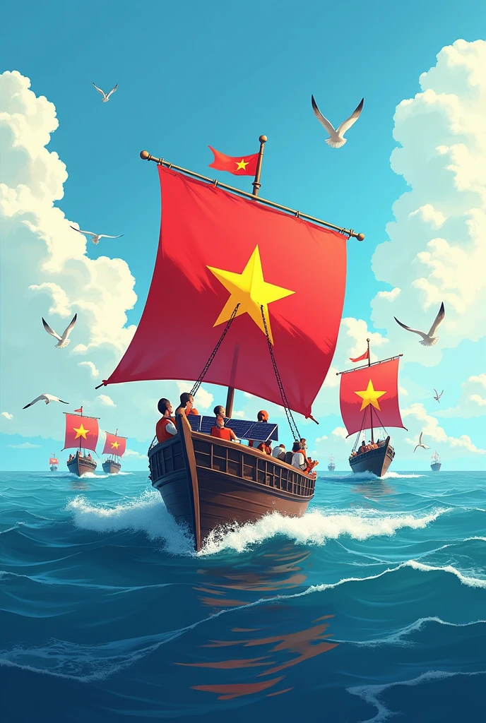 Draw me a picture with the Vietnamese flag going out to sea . There are solar panels on the boat. . Drawings exude the atmosphere of Vietnam's National Day. More ships with seagulls flying more Vietnamese flags.