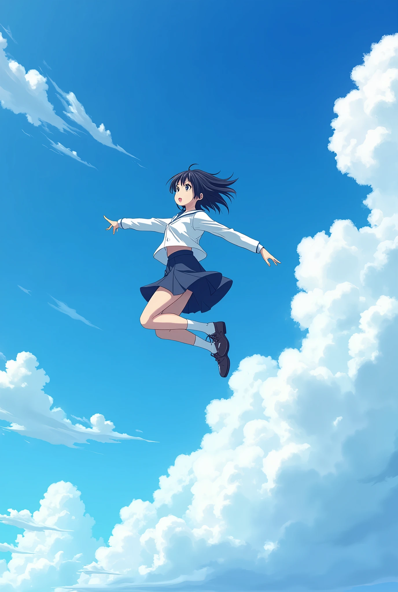 High school girl jumping into the sky、blue sky、The Girl Who Travels Through Time、Real、Realスティック、photograph、Black Hair、short hair、Hair blowing in the wind、cumulonimbus。
