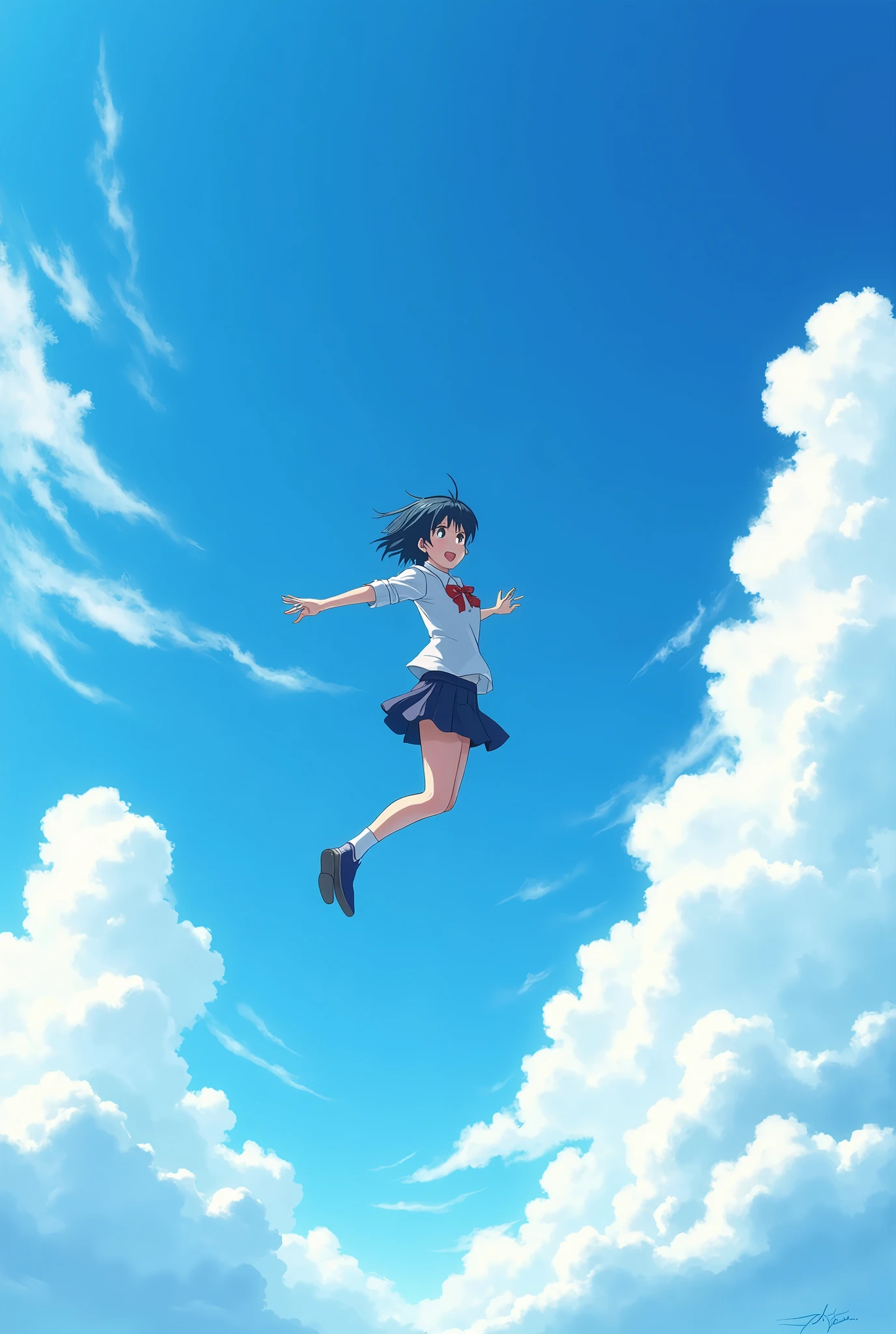 High school girl jumping into the sky、blue sky、The Girl Who Travels Through Time、Real、Realスティック、photograph、Black Hair、short hair、Hair blowing in the wind、cumulonimbus。