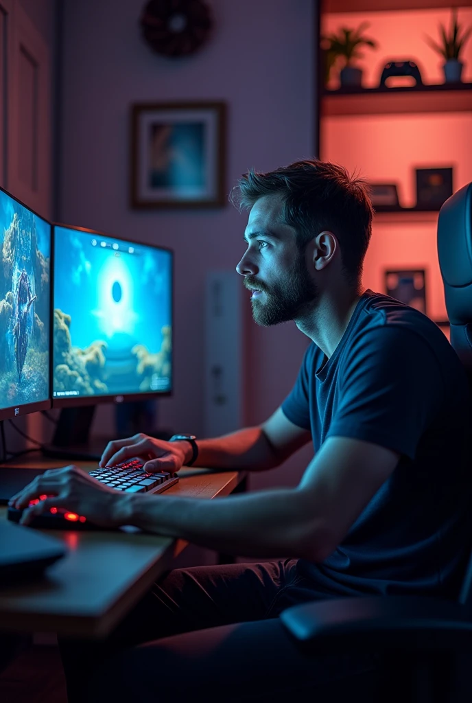 Images of a man playing computer games 