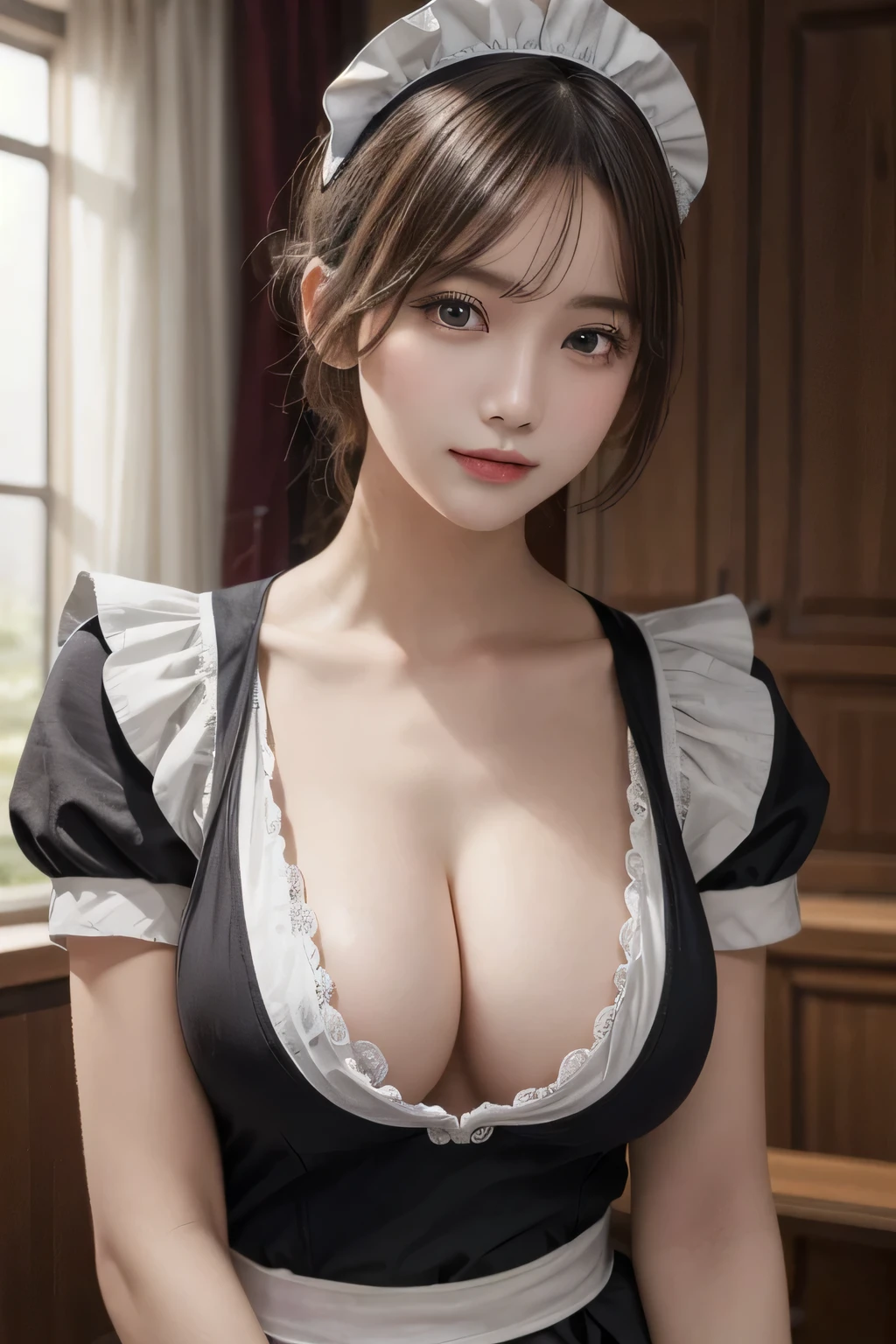 One Girl, 1 person,Highest quality,High resolution,超High resolution,8k,Realistic,Upper Body,encounter_audience,Large Breasts, (Slim Body:1.2),(Maid:1.2),
