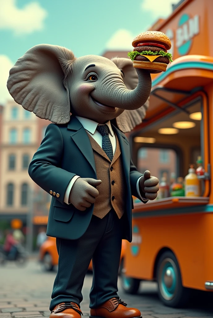 Elephant eat burger at food van with suit