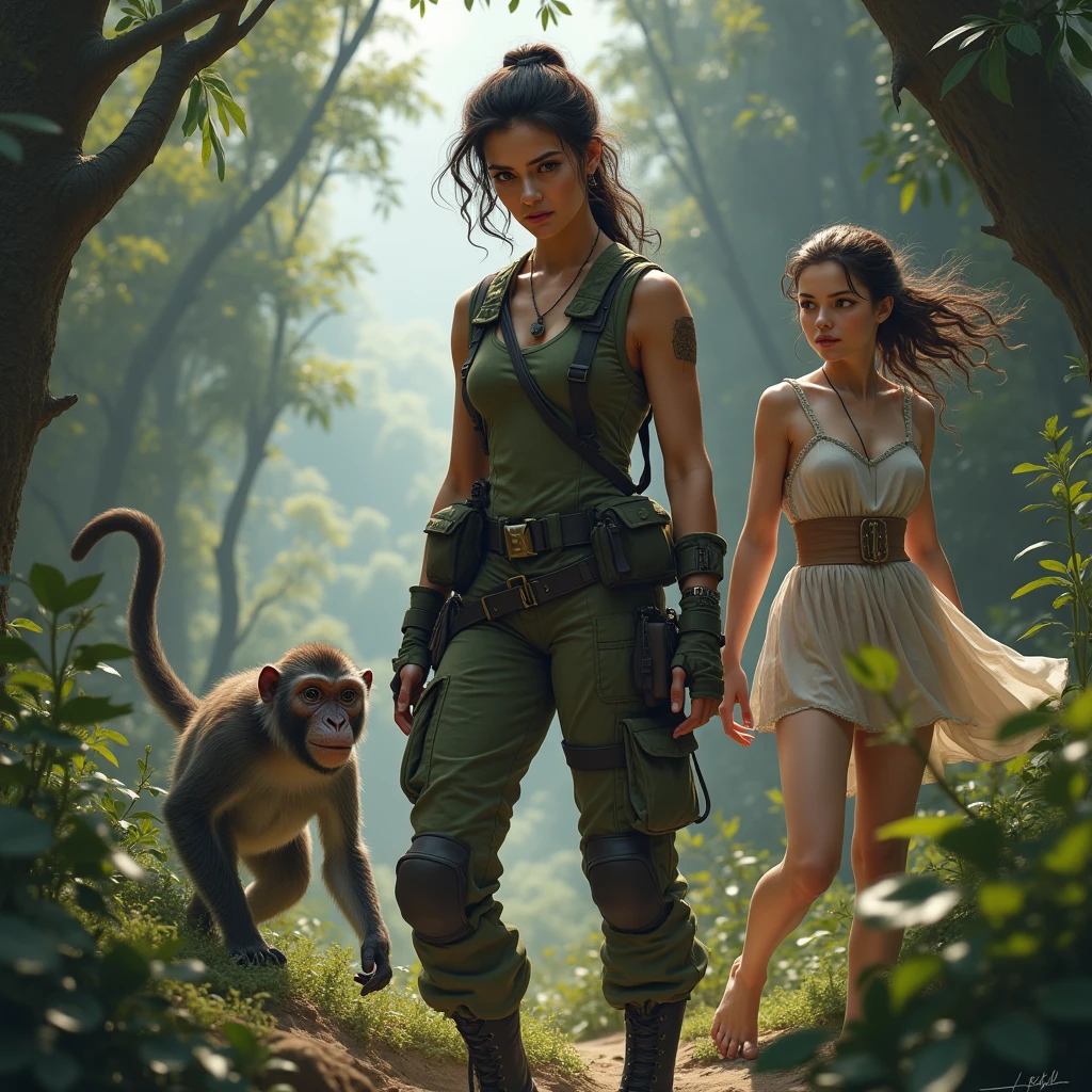 A wild female soldier, a monkey and a beautiful girl