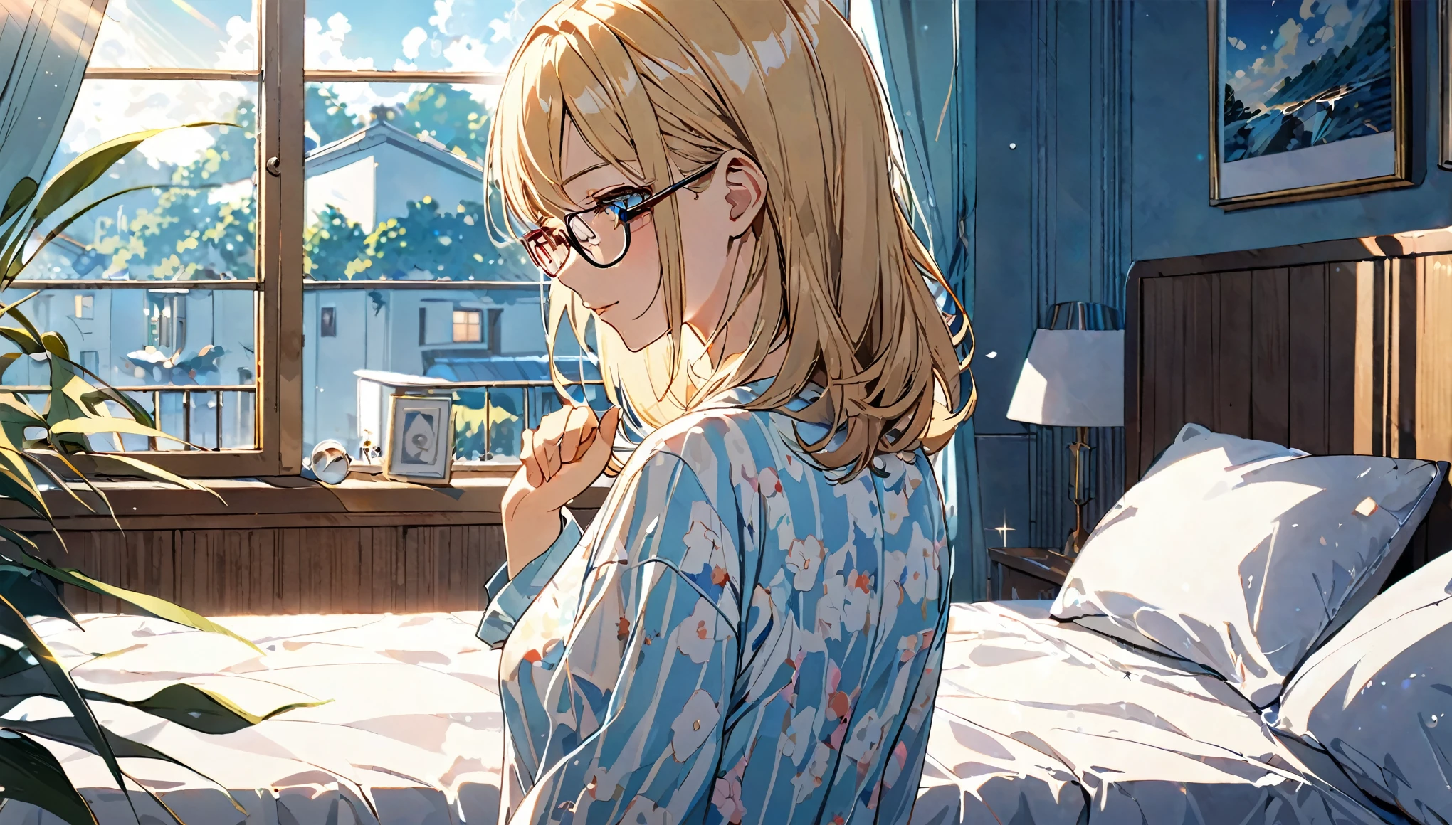 (Blonde and bespectacled woman)、(Listening to background music in the bedroom with the morning light streaming in)、(Extremely detailed、masterpiece、Highest quality、bright)、(Anime Style)
background：A room bathed in gentle morning light：Calm eyes closed、Looking out the window at the blue sky、Relaxed facial expression：Pajama Pose：Standing by the window、Back view：Quiet morning、Pleasant background music plays
