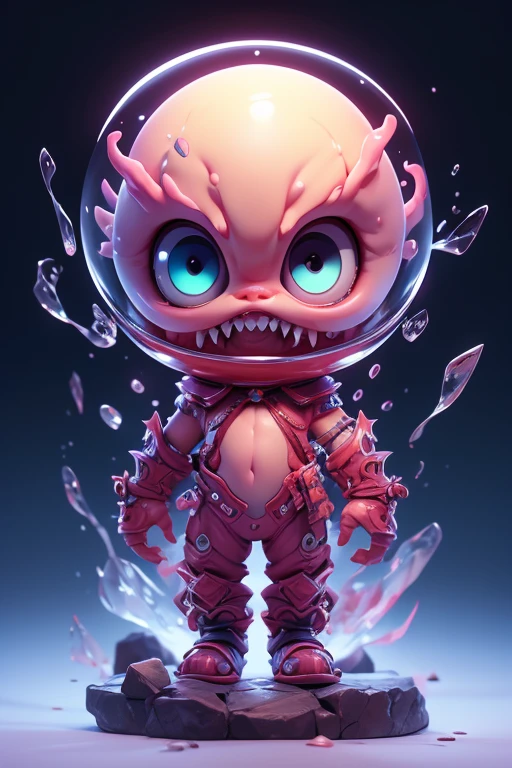 Create a monster image, a small, big-headed, baby monster.. The body is transparent and can be seen through. The image is sharp and detailed., with beautiful colors.. With arms, leg, eyes, mouth, พื้นหลังสีlegว