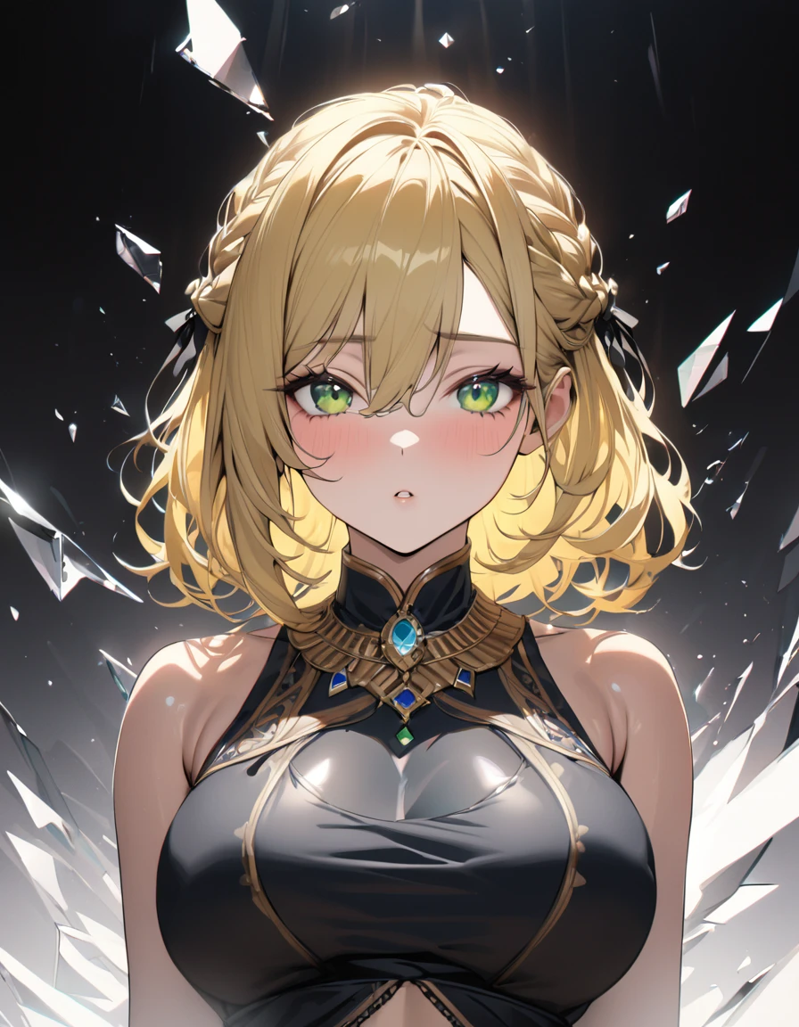 (masterpiece)、(absurdres)、(ultra detailed)、(8k),Anatomically correct,(solo woman:1.1,long yellow hair:1.1,hair between eyes,french braid:0.9,big breast:0.9,BREAK,green eyes,little round sapphire pendant:0.9,black stripes indian costume:1.1,upperbody shot:1.2,looking viewer,from front,broken black prism glass:1.5,simple white background,cinematic lighting:1.3,hair blowing,