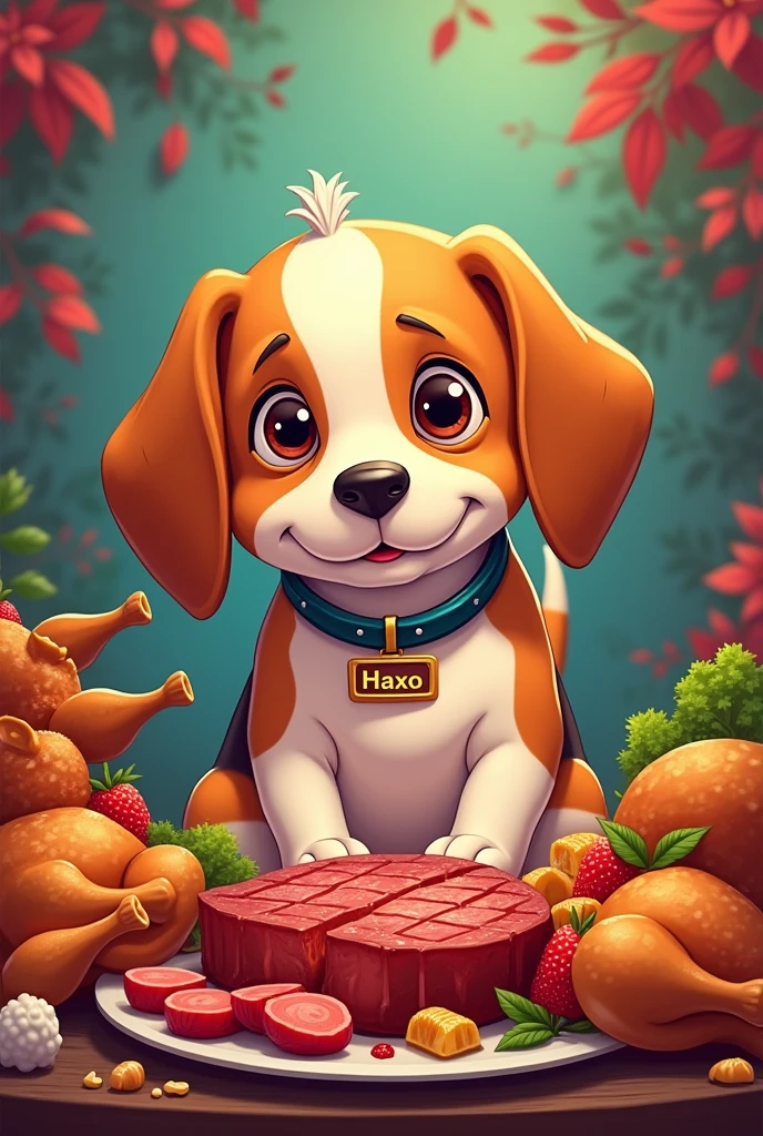 Un vieux beagle qui est entouré de nourriture (poulets, steaks, etc) . Avec un collier écrit haxo. En version cartoon.