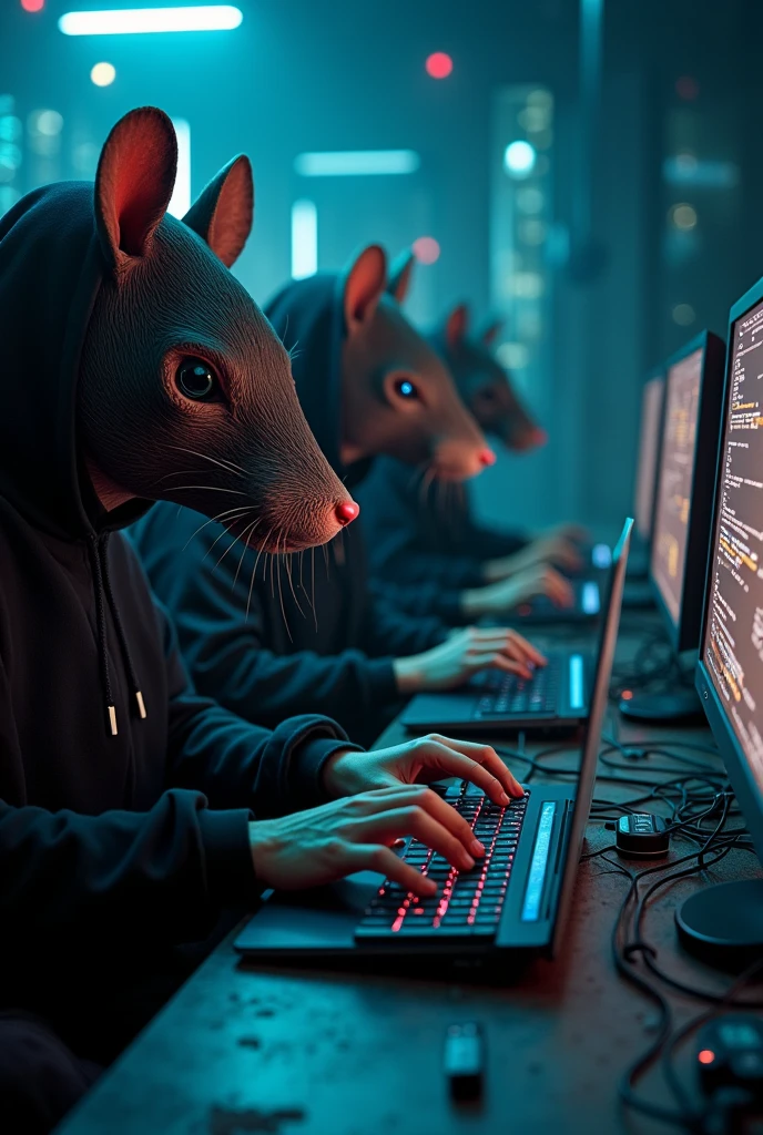 A hacker team with rat mask hacking with computer