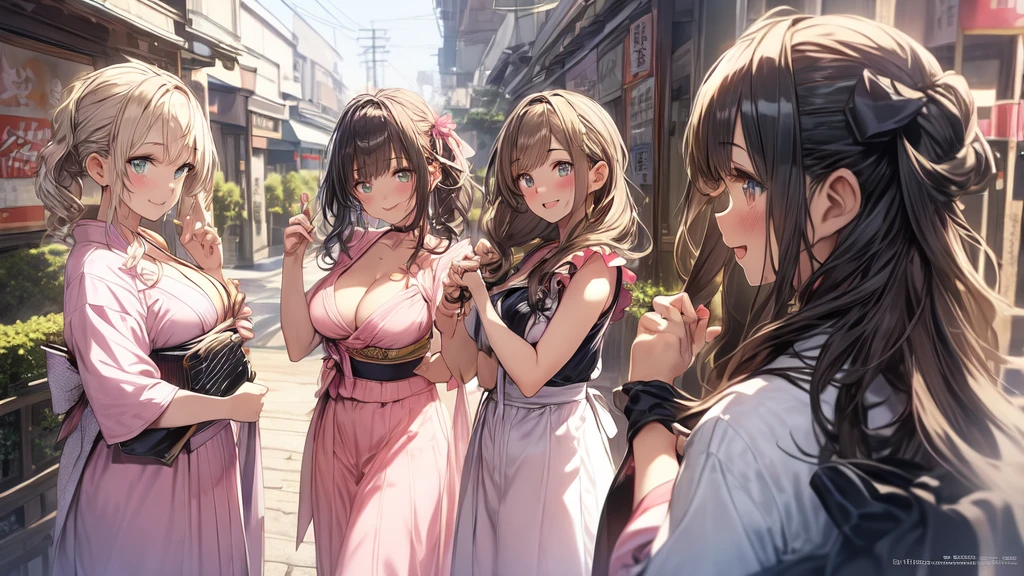 Masterpiece, super high quality anime style illustration, 8K, early Meiji period in Japan. Outdoors, daytime, in front of an old fashioned cafe, ((very beautiful 20 year old maids)), ((2 beautiful girls smiling)). Colorful eyes, pink lips, perfect makeup, flashy colorful outfit, maid cafe outfit in Akihabara, average breasts, a glimpse of cleavage, attractive proportions. Shot from the chest up.