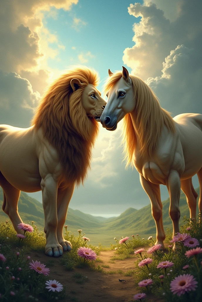 Lion and horse kissing