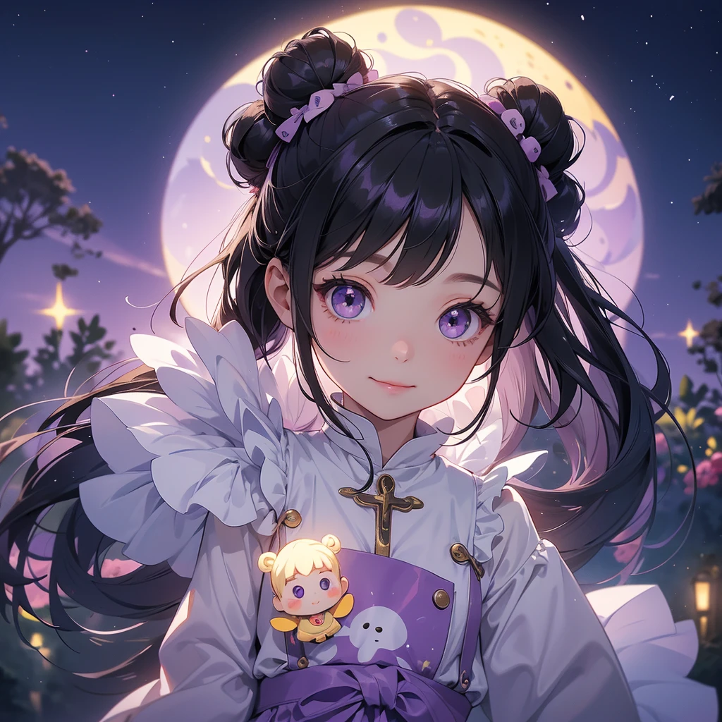 A chibi child girl had a small face and wearing a little tourist priest’s outfit, a pair of big round eyes shone with curiosity about him. This child was so cute, her hair is black with buns on her hair. Small chibi , chibi baby, smiling , chibi.
Background is a dark moonless night, with dry trees in the background, and purple glowing light