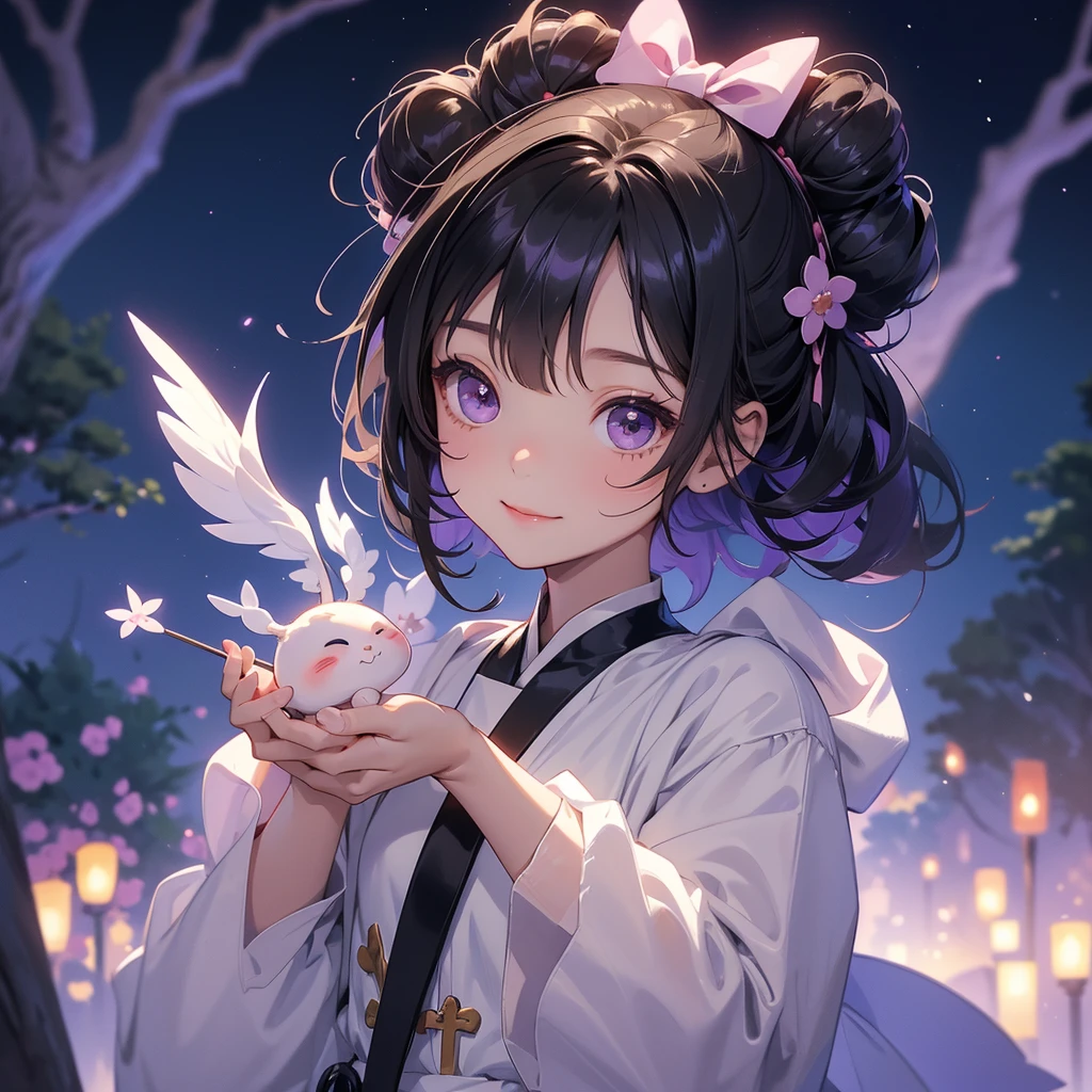 A chibi child girl had a small face and wearing a little tourist priest’s outfit, a pair of big round eyes shone with curiosity about him. This child was so cute, her hair is black with buns on her hair. Small chibi , chibi baby, smiling , chibi.
Background is a dark moonless night, with dry trees in the background, and purple glowing light