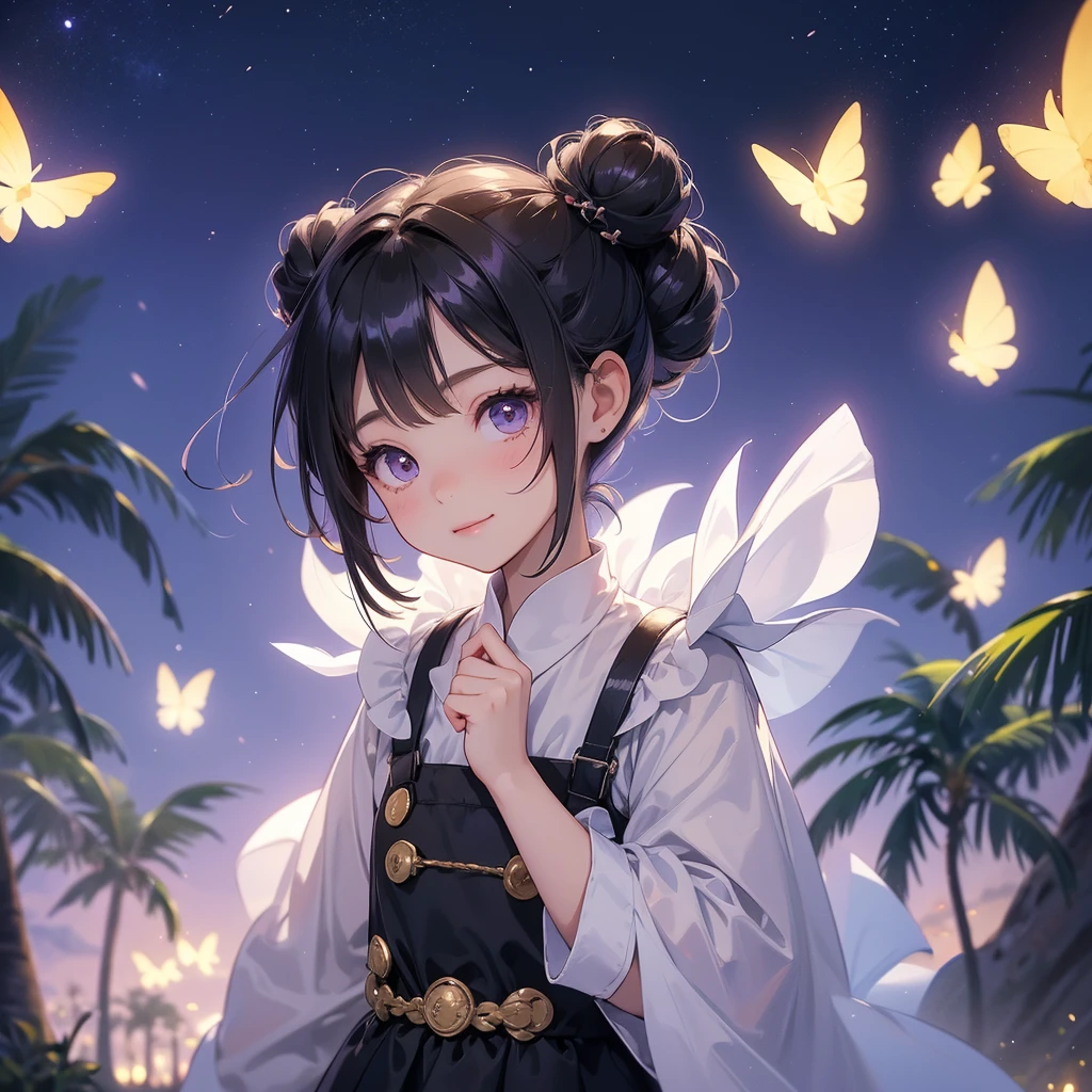 A chibi child girl had a small face and wearing a little tourist priest’s outfit, a pair of big round eyes shone with curiosity about him. This child was so cute, her hair is black with buns on her hair. Small chibi , chibi baby, smiling , chibi.
Background is a dark moonless night, with dry trees in the background, and purple glowing light