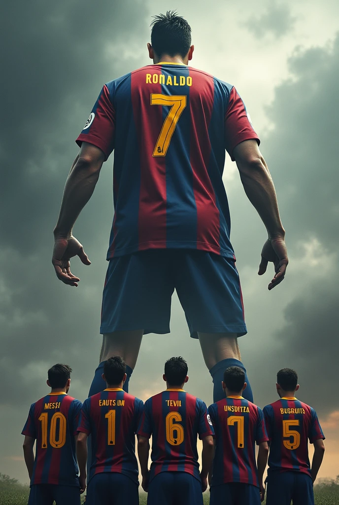“Create a dramatic, uneven confrontation scene. On the left, depict the Barcelona team from the era when Ronaldo played for Real Madrid. Include key players with their jerseys clearly showing their numbers and names: Messi (#10), Xavi (#6), Iniesta (#8), Puyol (#5), and Busquets (#16). They stand together, appearing small and helpless. On the right, a colossal Ronaldo, wearing the number 7 Real Madrid jersey, looms over them like an unstoppable force. The Barcelona players are directly beneath him, looking up in awe and powerlessness. The background should be intense, with stormy clouds, emphasizing Ronaldo as a towering, overwhelming force, while the Barcelona team is dwarfed by his presence.”