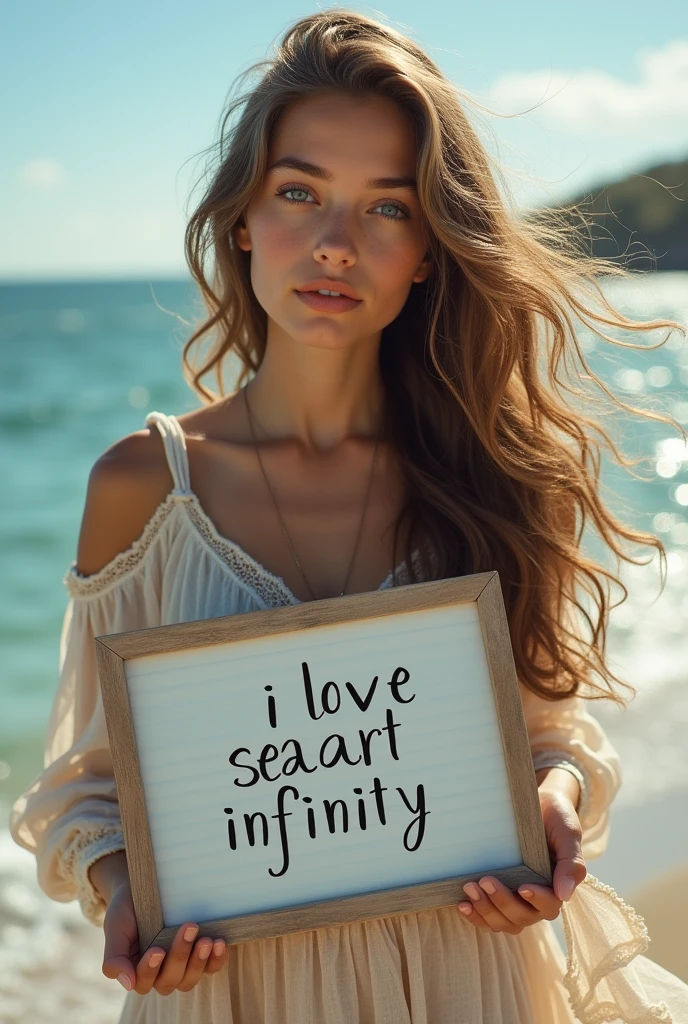 Beautiful girl with wavy long hair, bohemian dress, holding a white board with text "I Love Seaart Infinity" and showing it to the viewer