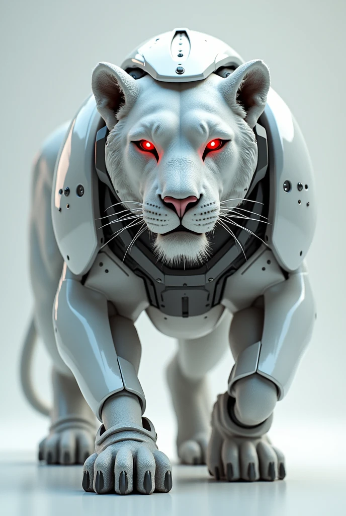 Lion in white glossy cyborg helmet and costum with red glowing eyes