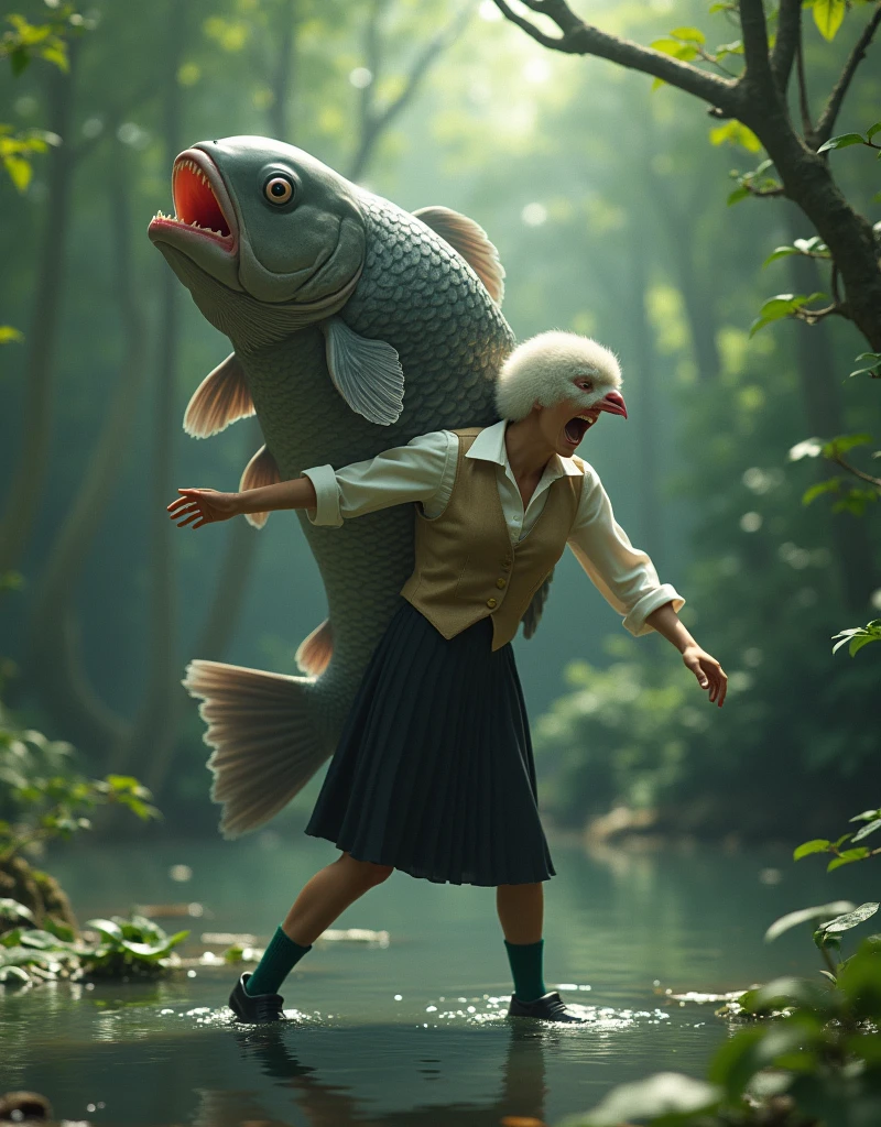 ((Highest quality)), ((masterpiece)), (forest pond), (((A woman with a human-shaped pigeon face))), A giant catfish is eating a humanoid female pigeon in its mouth, The female pigeon is frightened, A humanoid female pigeon with her mouth wide open is wearing an off-white collared short-sleeved shirt, a light brown vest, a knee-length black skirt, dark green socks, and black shoes., A muscular female humanoid pigeon, Photorealistic images,