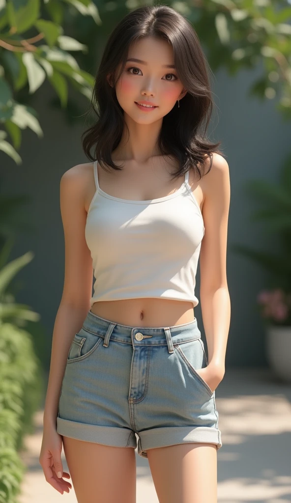 Full body image of a Vietnamese girl,20 years old , xin xắn,wear shorts and tank top