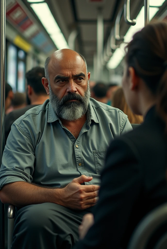 A strong, bearded Iranian man sitting on a city bus seat being watched by a woman.