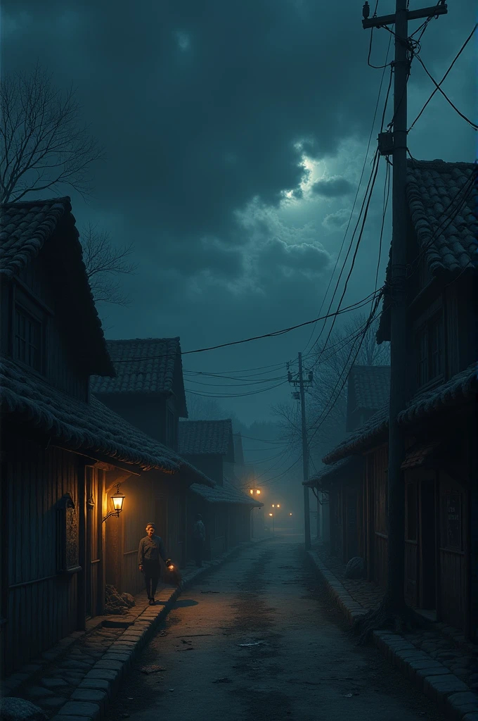 **First Night of the Screams:**
The village of Barnu at night, with a dark sky filled with ominous clouds. The scene captures the moment when a horrifying scream echoes through the village, with villagers peeking out of their homes in fear, their expressions tense and anxious.