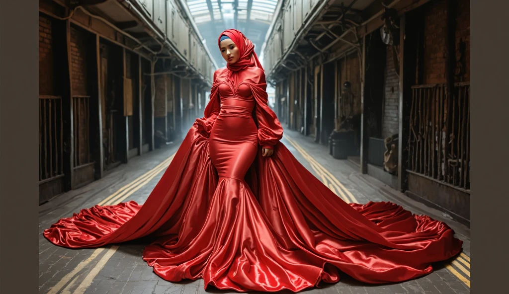Asian woman wrapped in a transparent black cloth mimicking a mermaid gown with a striking long train, puff sleeve, the cloth clings tightly to her figure, incorporates a hijab, standing with poise, see through whole body, half naked, nipple on, dramatic lighting, volumetric textures, very long cloth, in bed room, ultra realistic, golden ratio.