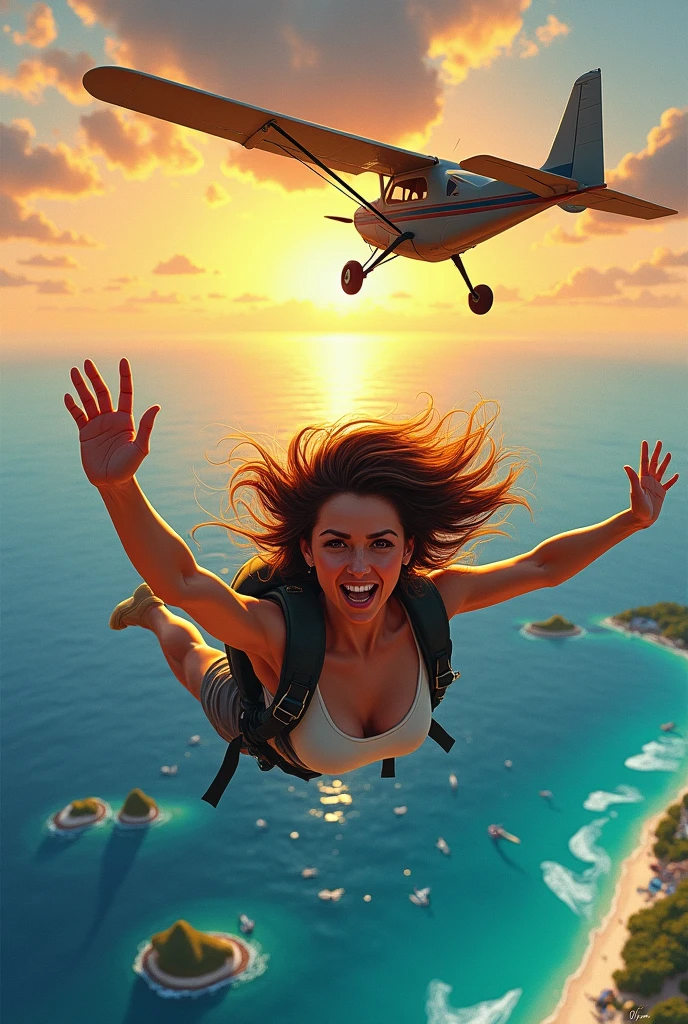 Create an illustration with artistic style of a woman jumping out of a small plane at sunset very close to Los Roques and you can see the wind hitting her face hard..