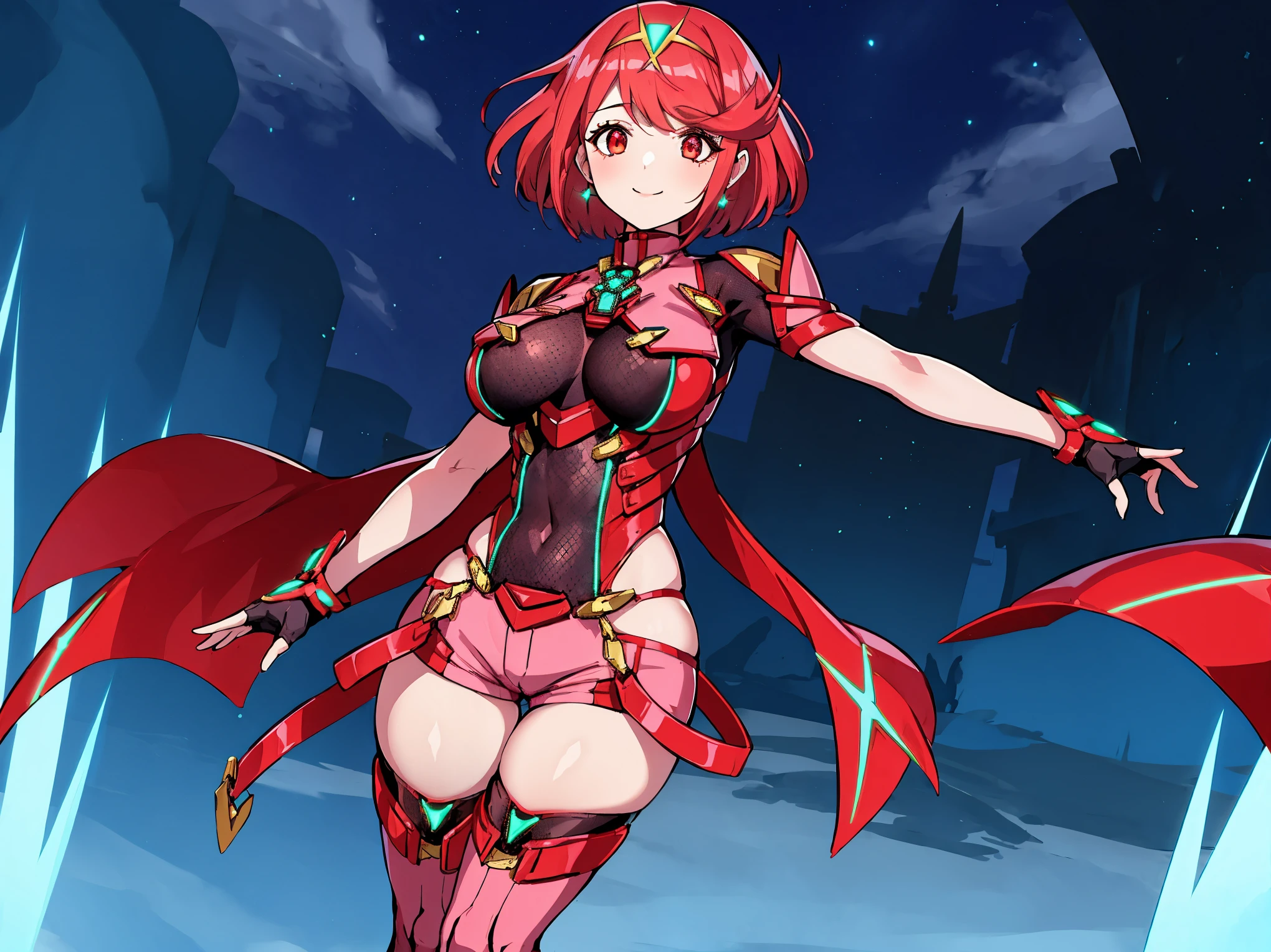 pyra \(xenoblade\), young__1girl, armor, bangs, black gloves, breasts, red eyes, closed mouth, earrings, eyelashes, fingerless gloves, floating hair, framed breasts, gem, gloves, hair ornament, headpiece, jewelry, big_breasts, leaning back, leotard, neon trim, official art, pose, red hair, red shorts, saitou masatsugu, short hair, short shorts, short sleeves, shorts, sidelocks, skin tight, solo, standing, swept bangs, thighhighs, tiara, night_prairie_background, turtleneck, underbust, vambraces, xenoblade chronicles \(series\), (xenoblade chronicles 2), apart_legs, fire_effect,dynamic_pose_fighting,light_smile, (plump:1.1), large_thighs, solo, 