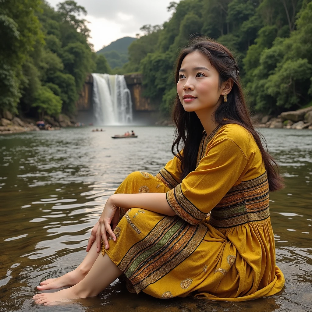 A 20 year old Dayak woman from West Kalimantan, wearing traditional Dayak clothes, original from woven material, golden yellow, original typical of the Dayak tribe of West Kalimantan, sitting on the edge of the river looking at the waterfall, behind, clear river water, very detailed 8k