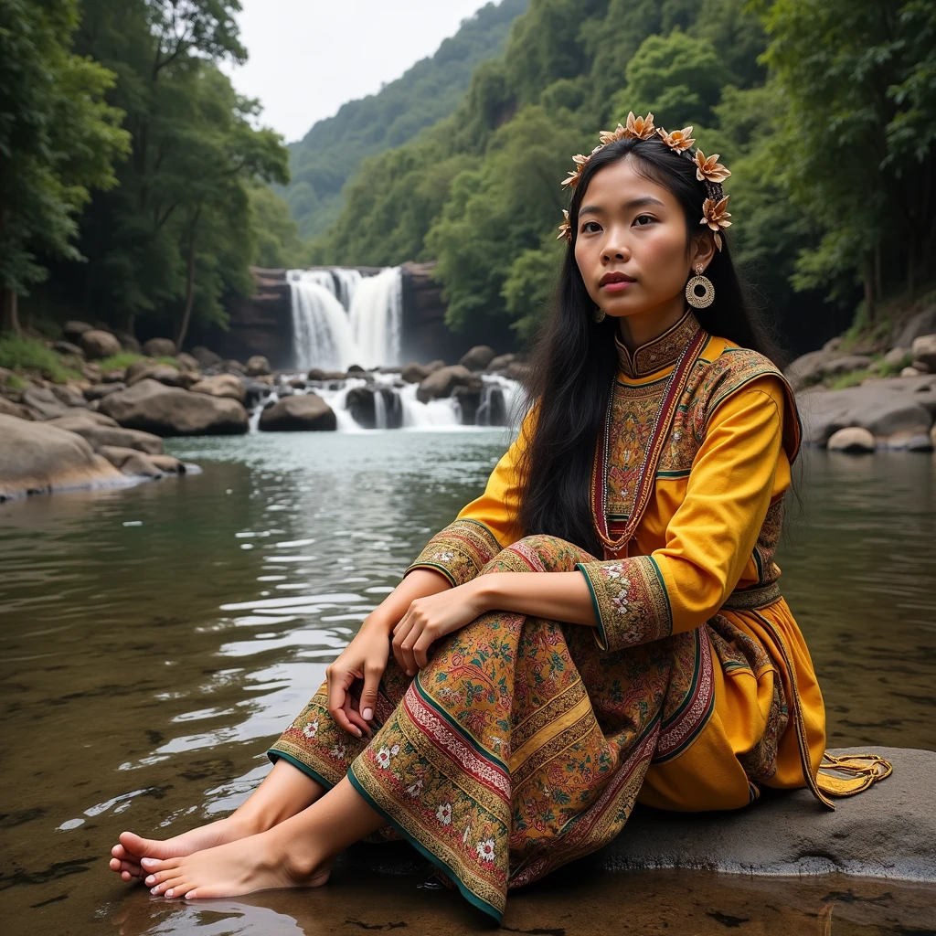 A 20 year old Dayak woman from West Kalimantan, wearing traditional Dayak clothes, original from woven material, golden yellow, original typical of the Dayak tribe of West Kalimantan, sitting on the edge of the river looking at the waterfall, behind, clear river water, very detailed 8k