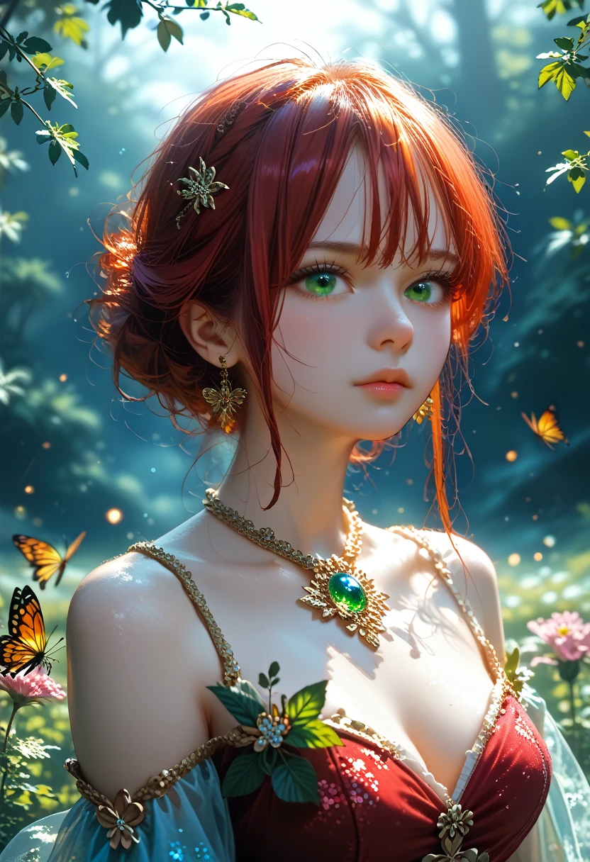 One Anime Girl About 2 With A Beautiful Figure Beautiful Body In Thin Clothes Sparkles With Gold Dust With Gold Jewelry And Purple Patterns On The Dress, black and red hair, bright green eyes, Butterflies Fly Purple Gold Color with Blue Iridescence Very Many and Colorful, full detailed, masterpiece, bright colors, The Dark Night Background in the Enchanted Forest where the Lights Sparkle and Shine and Wasps Light up the Night Depths,Glitter and Beauty, Grass and Magic Moss Everything grows on the ground, very beautifully and colorfully, Large Scale Painting, score_9,score_8_up,score_7_up,dramatic lighting,highly detailed,high budget,bokeh,cinemascope,moody,epic,gorgeous,film grain,grainy,masterpiece,best quality,perfect anatomy,very aesthetic,official art,8k