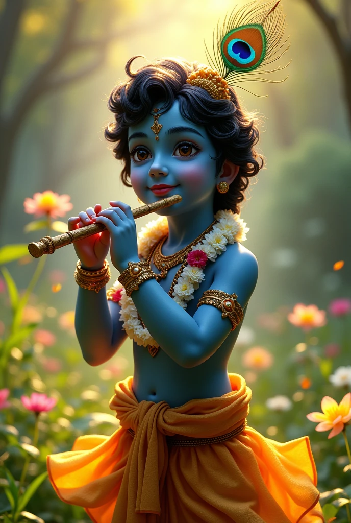 Lord Krishna stands with a majestic presence, his dark blue complexion glowing under the sunlight. A peacock feather adorns his head, and he holds a flute with effortless grace. His neck is adorned with a garland of delicate white flowers, and his serene smile radiates divine bliss. Around him, the grass is dotted with vibrant flowers, enhancing the beauty of the tranquil scene.
