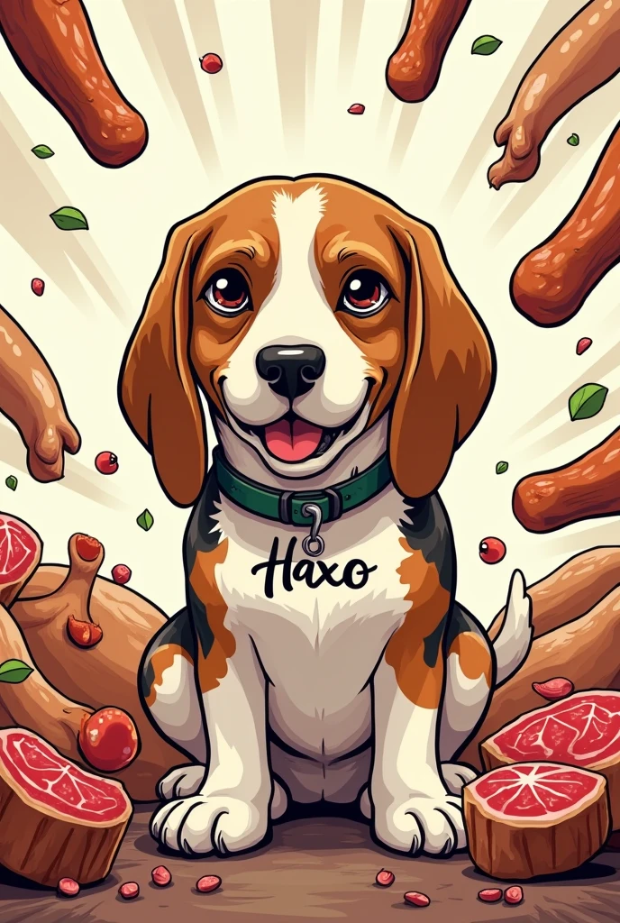 Un vieux beagle qui est entouré de nourriture (poulets, steaks, etc) . Avec un collier écrit haxo. En version manga.