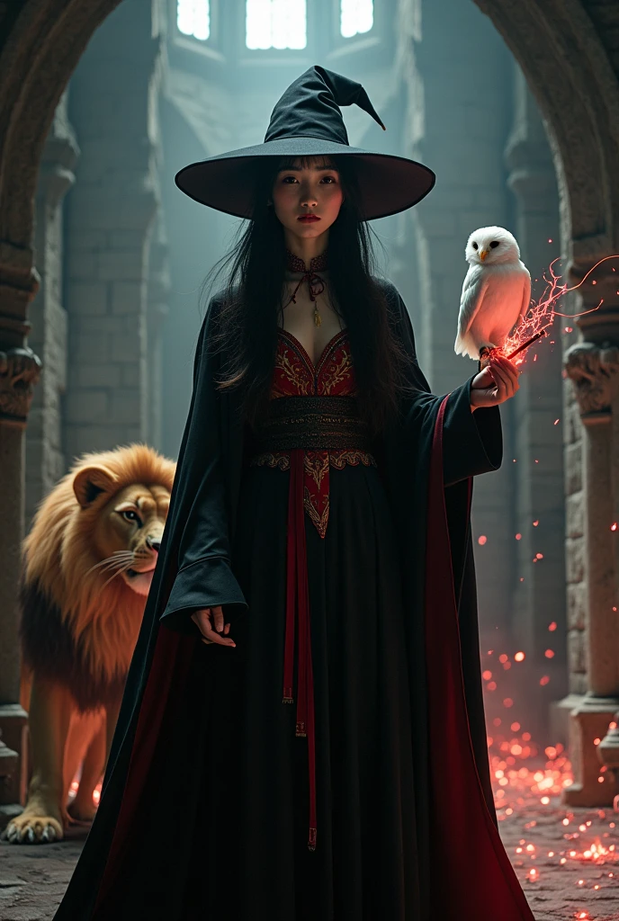 photo, asian woman, white skin, Slender face, Facing straight, Fluffy black hair, Long slender fingers, Black witch cloak, Red inner hood, black witch hat, White collared inner shirt, Red and white patterned tie, Holding a small, straight wand, There were several red sparks and red smoke billowing out of the wood., A white owl stands on the right shoulder., A large golden lion appeared from the left rear side., The background is an old black castle.