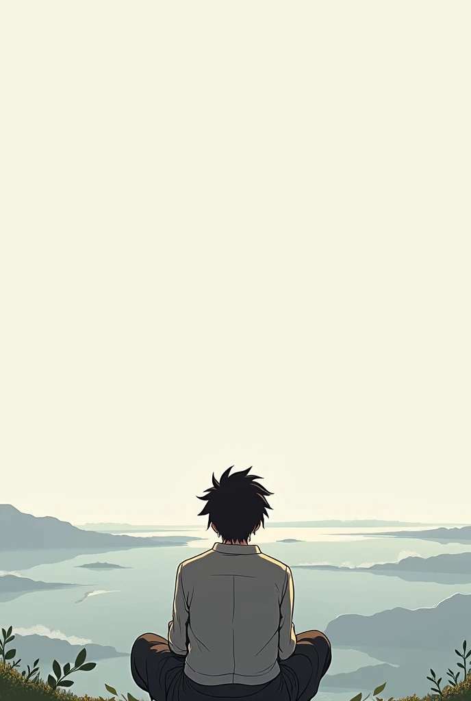 Make a man sitting looking at the horizon like a manga