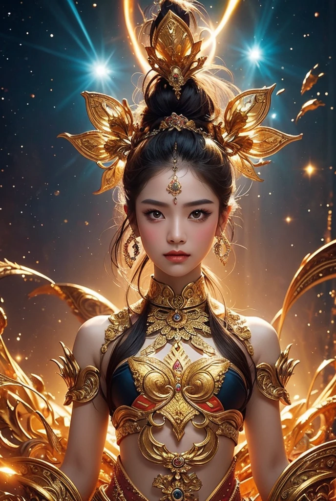 Create an image that closely resembles the reality and beauty depicted in the provided image. The image should feature a figure that appears to be inspired by traditional Thai mythology, with intricate golden armor and a vibrant, multicolored background that suggests a cosmic or otherworldly scene. The figure should have a fierce expression and be holding a bow, with dynamic energy or light radiating from it to enhance the fantastical element of the composition.