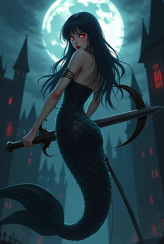Anime mermaid anime with dark hair, red lipstick and vampire fangs, Castlevania, classic Castlevania style, dark, gothic, anime moon sword