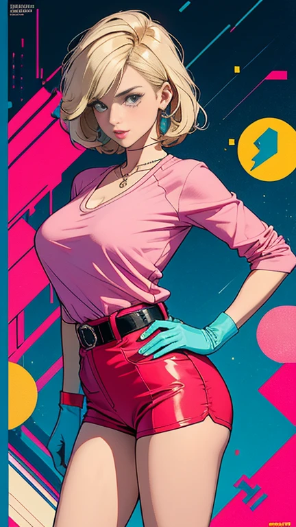 ((masterpiece, Highest quality)), 32K Wallpapers, Very detailed, Poster, Vintage science fiction, 1960s,(((geometric cinematic movie Poster))), (Bauhaus), shape,Abstract, Midcentury Modern, movie Poster, Vintage, Perfect Lady,1970s,Halftone,Speech bubble,(((portfolio,close))), Large Breasts, Tall and straight blonde mature girl, Sexy, Medium Neck, He is wearing a plain, tight pink short-sleeved U-neck T-shirt., She completely exposed her midsection, She is wearing blue leather shorts., She is wearing little pink boots, she wears a large orange belt with a red heart-shaped buckle, She is wearing little pink gloves, She exposed her navel, beautiful abdomen, Beautiful thighs, Long and slender thighs, A pose that makes it appear as if you are facing forward with your hands on your hips, whole body