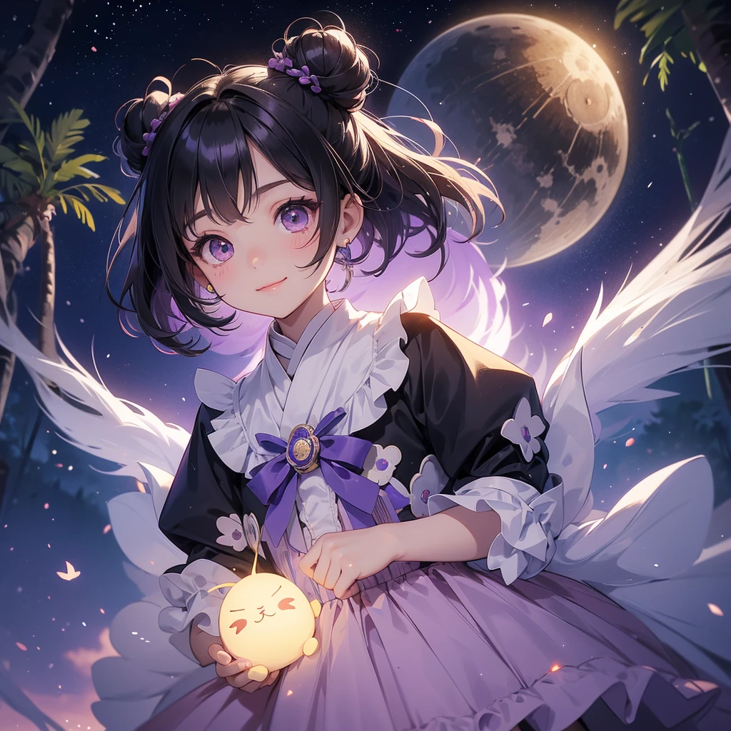 A chibi child girl had a small face and wearing a little tourist priest’s outfit, a pair of big round eyes shone with curiosity about him. This child was so cute, her hair is black with buns on her hair. Small chibi , chibi baby, smiling , chibi. 

Background is a dark moonless night, with dry trees in the background, and purple glowing light