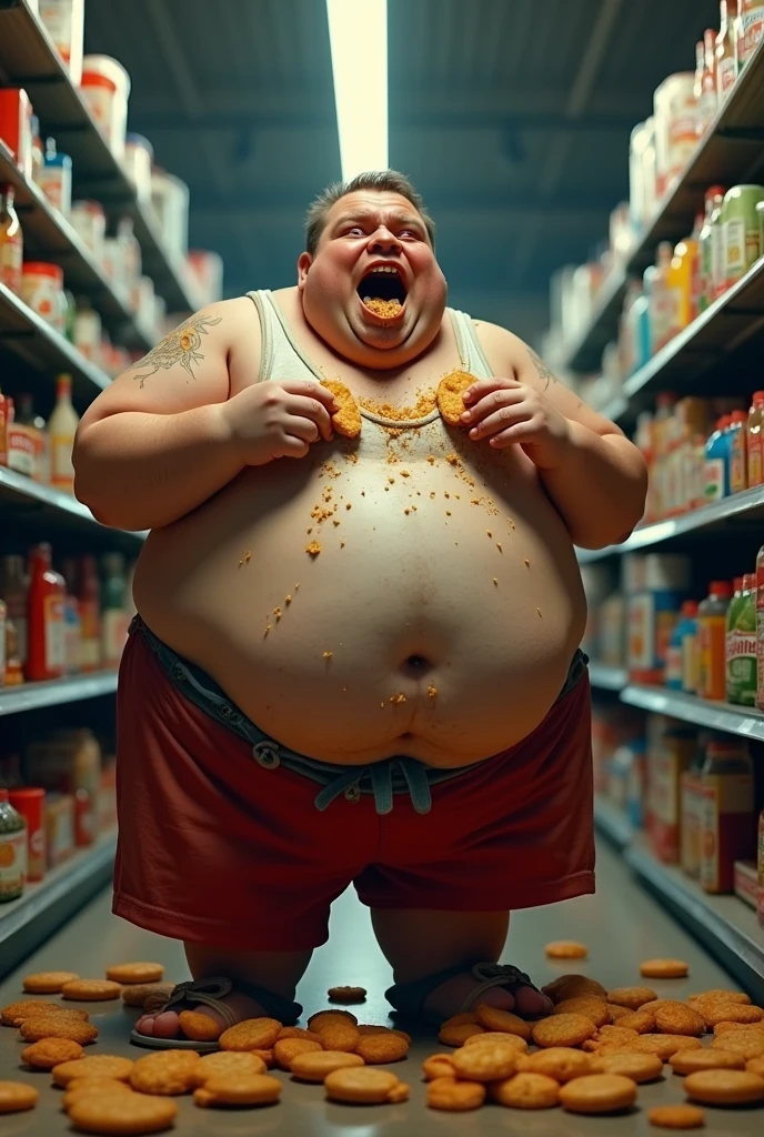 Create a 8k 3d image that is hyper realistic.  This image is of a obese human with many belly rolls eating twinkies.  He is in a sweat stained tank top. With red shorts. Image has extreme detail.  He is eating a handful at a time.  There are crumbs from the broken twinkies falling down his body.  The background is a Grocery story isle.