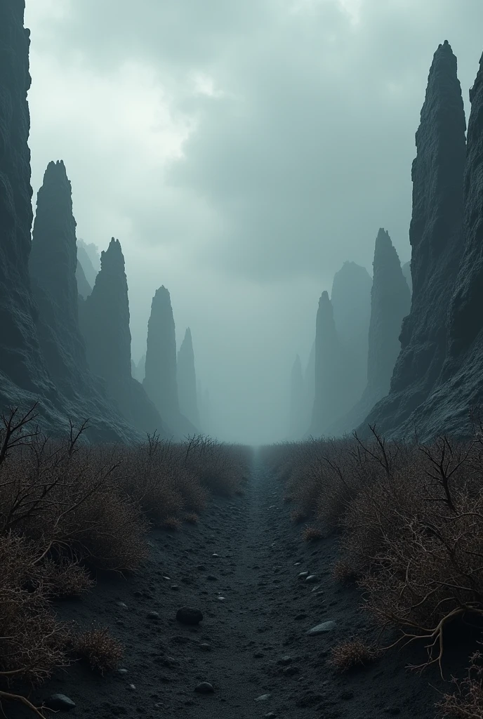 landscape, forest of thorns, black blocks of stone, lifeless black earth, grey skies in clouds, without people, HD, ultra HD
