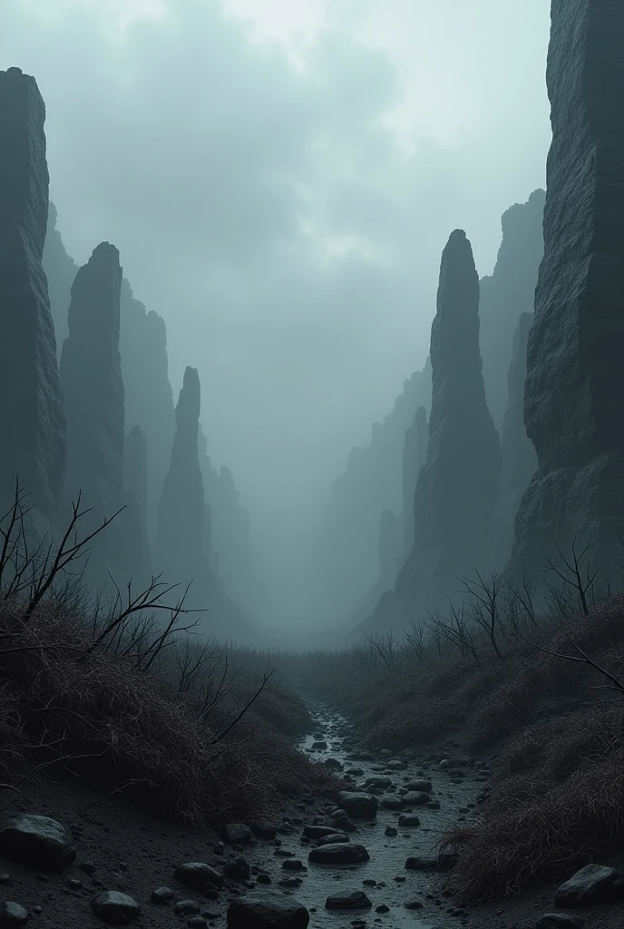 landscape, forest of thorns, black blocks of stone, lifeless black earth, grey skies in clouds, without people, HD, ultra HD